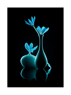 Zwei blaue Vasen mit blauen Blumen auf schwarzem Hintergrund.