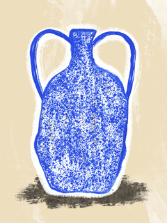 Ein blaues Gefäß mit Griffen vor einem beigen Hintergrund.