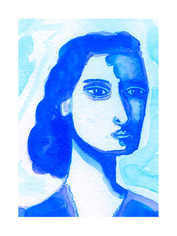 Porträt einer Frau in Blautönen, künstlerisch dargestellt.
