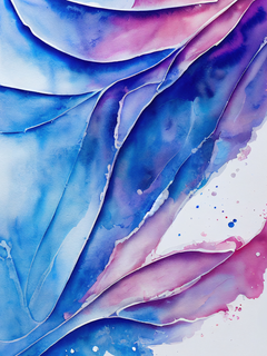 Abstrakte Kunst in Blau- und Violetttönen mit fließenden Formen.