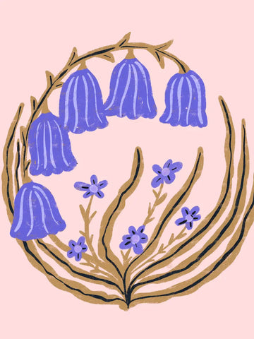 Eine stilisierte Illustration von blauen Glockenblumen und gebogenen Ästen auf rosa Hintergrund.