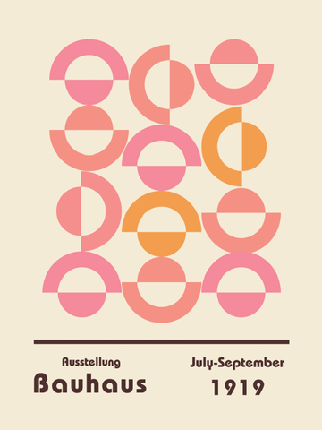Grafik mit geometrischen Formen in Pink und Orange auf hellbeigem Hintergrund, Text "Ausstellung Bauhaus July-September 1919".