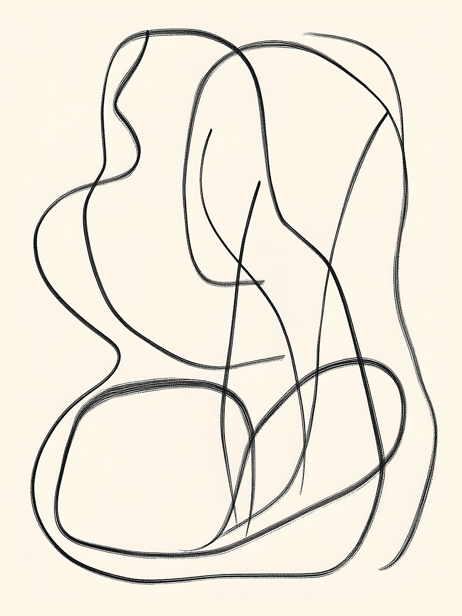 Minimalistische Darstellung einer menschlichen Körpersilhouette mit geschwungenen schwarzen Linien auf neutralem Hintergrund.