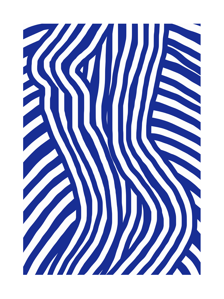 Abstrakte Illustration mit blauen und weißen Streifen, die einen Körper formen.