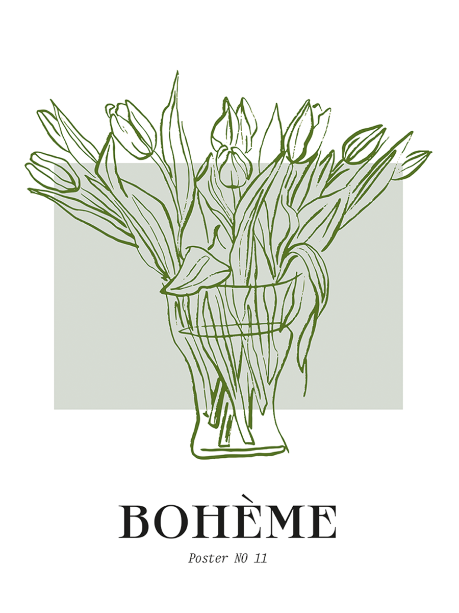 Grafische Illustration eines goldenen Blumenstraußes vor einem beigen Quadrat mit dem Text "Bohème - Poster No 11".