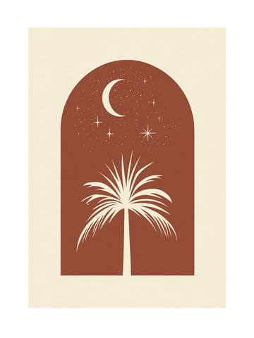 Grafische Illustration einer Palme unter einem Nachthimmel mit Mond und Sternen in einem Bogen auf beigem Hintergrund.