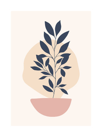 Grafische Illustration einer Pflanze mit dunklen Blättern in einem rosa Topf vor einem beigen Kreis und hellbeigem Hintergrund.