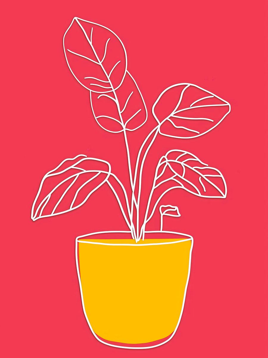 Botanisches Poster mit Pflanze in gelbem Topf auf rotem Hintergrund.