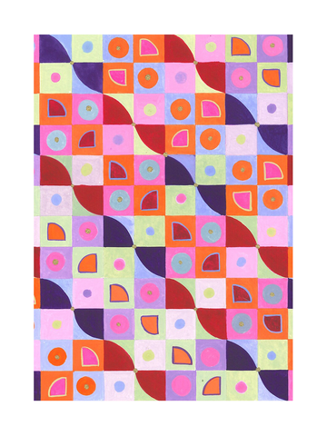 Ein Poster mit bunten, geometrischen Formen in Quadraten und Kreisen.