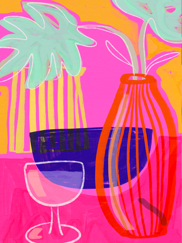 Illustration einer Vase, eines Weinglases und einer Schale in lebhaften Farben auf einem rosa Hintergrund.