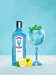 Illustration einer blauen Gin-Flasche und eines Cocktails auf blauem Hintergrund.