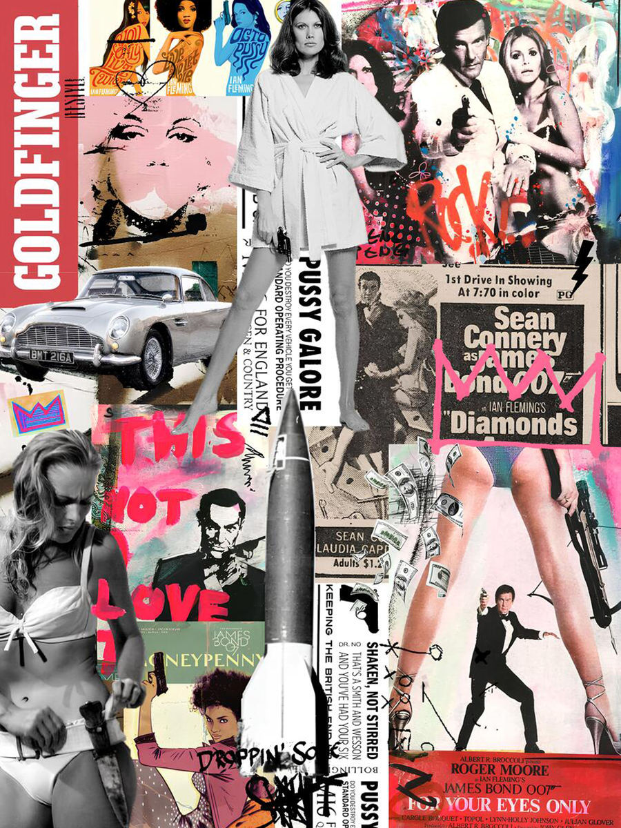 Collage inspiriert von James Bond mit Bildern und Texten aus Bond-Filmen.
