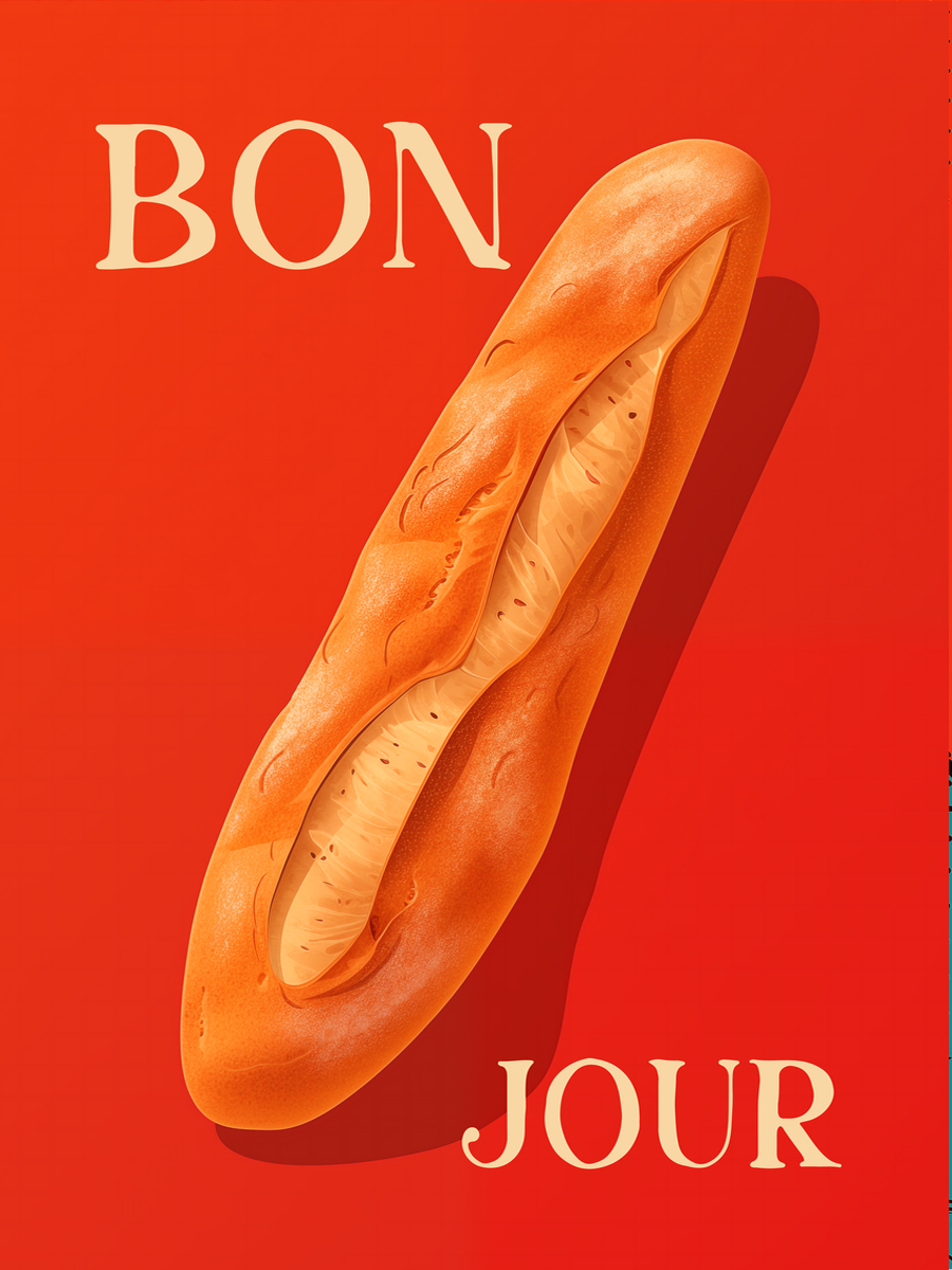 Poster mit dem Text "BON JOUR" und einem Baguette auf rotem Hintergrund.