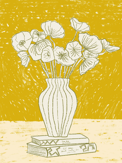 Illustration eines Blumenstraußes in einer Vase auf einem Stapel Bücher vor gelbem Hintergrund.