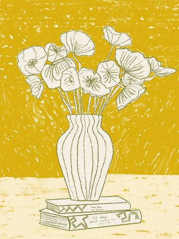 Illustration eines Blumenstraußes in einer Vase auf einem Stapel Bücher vor gelbem Hintergrund.