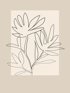 Grafische Illustration einer Blume in Schwarz vor einem beigen Quadrat auf hellgrauem Hintergrund.