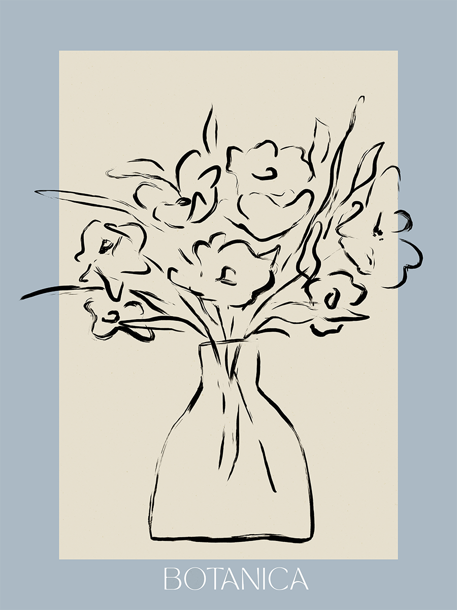 Abstrakte Illustration eines Blumenstraußes in einer Vase auf beigefarbenem Hintergrund mit blauem Rand.