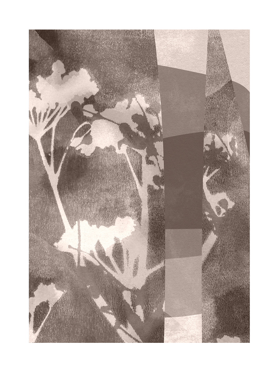 Grafische Illustration mit abstrakten Formen und Blumen in Weiß und Rosa.