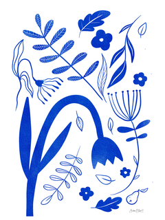 Poster mit blauen Blumen und Blättern auf weißem Hintergrund.