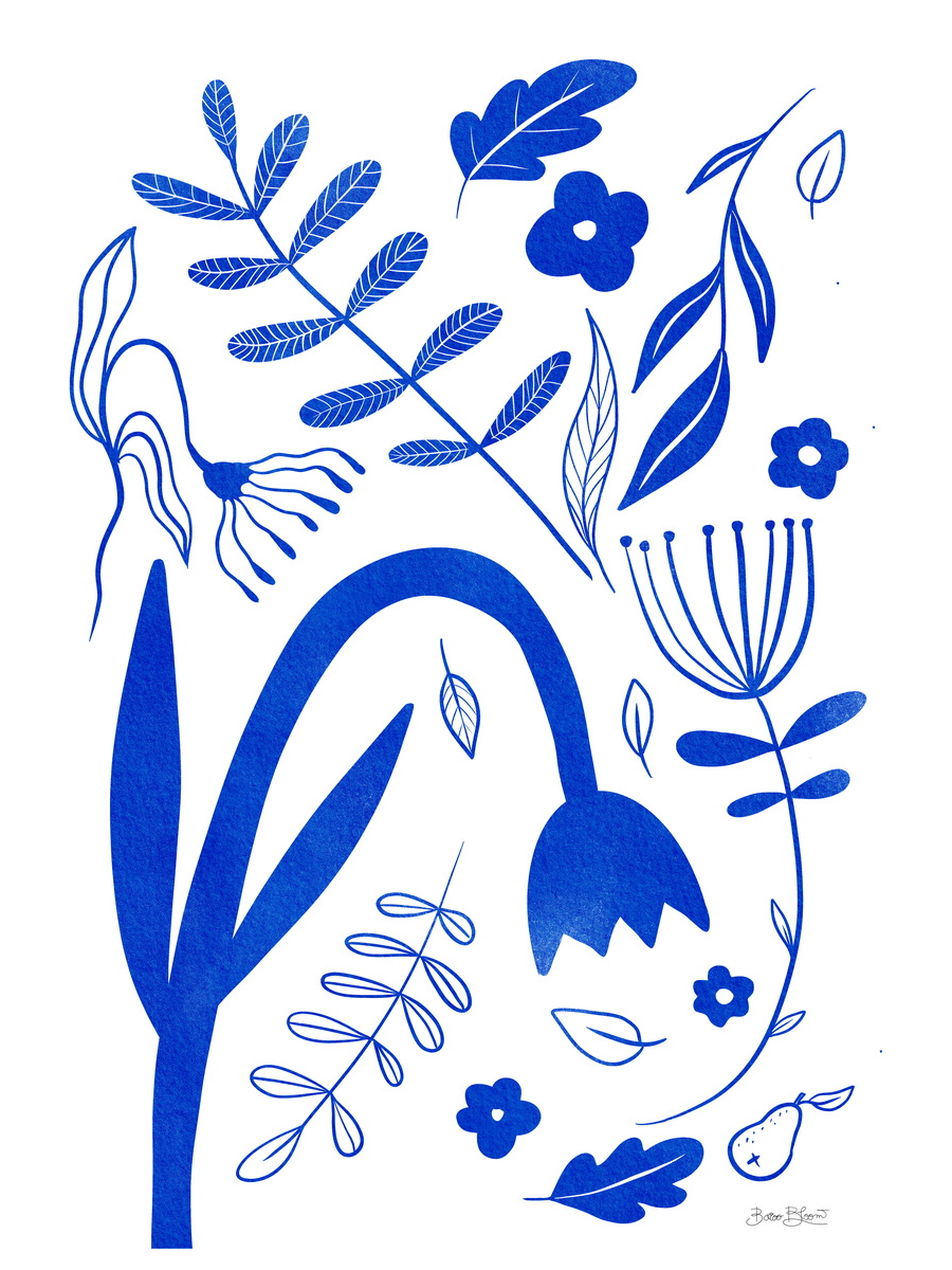 Poster mit blauen Blumen und Blättern auf weißem Hintergrund.