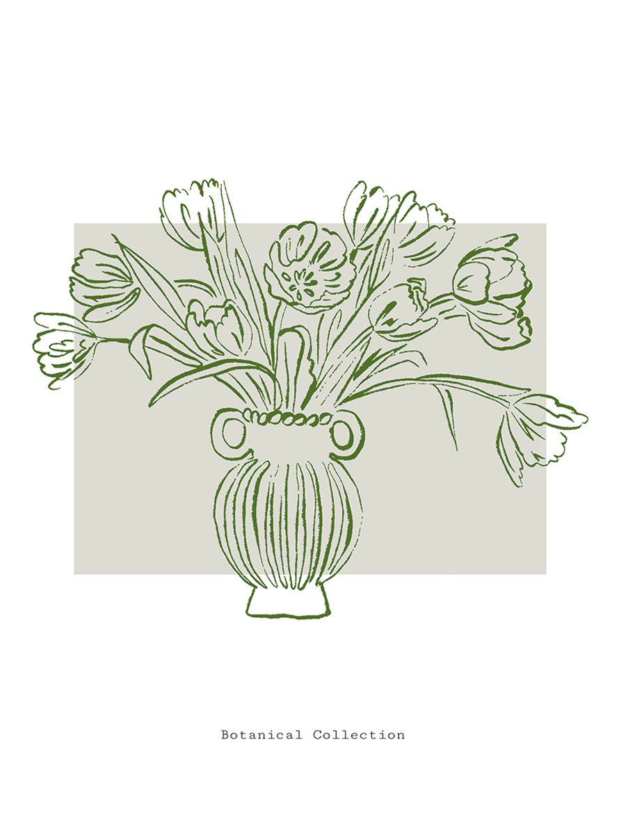 Illustration von Blumen in einer Vase vor einem beigen Quadrat mit dem Text "Botanical Collection" darunter.