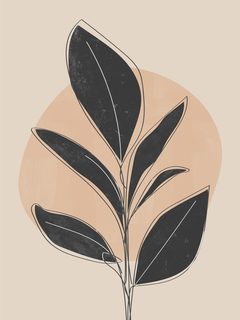Grafische Illustration eines schwarzen Blattes vor einem beigen Hintergrund mit einem orangefarbenen Kreis.
