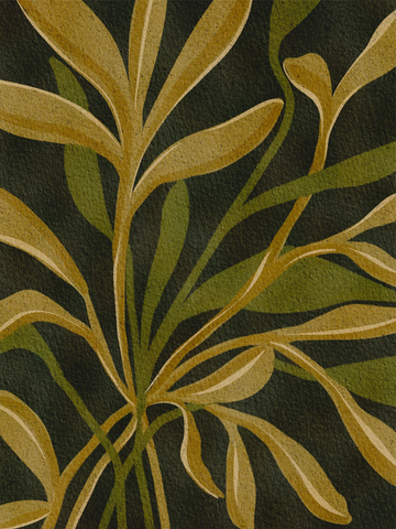 Botanisches Poster mit grünen Blättern auf dunklem Hintergrund.