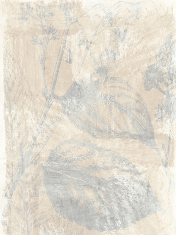 Botanisches Muster mit großen Blättern und kleinen weißen Blumen auf beigem Hintergrund.