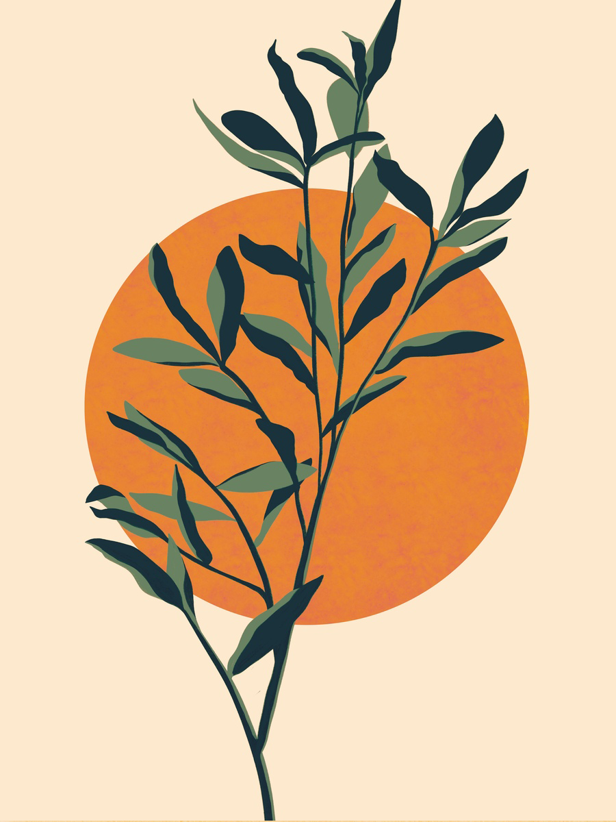 Grafische Illustration mit grünen Blättern vor einem orangefarbenen Kreis auf beigefarbenem Hintergrund.
