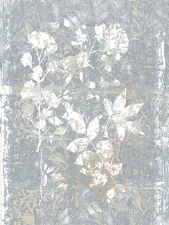 Abstraktes Muster mit floralen Motiven in Weiß- und Beigetönen auf grauem Hintergrund.
