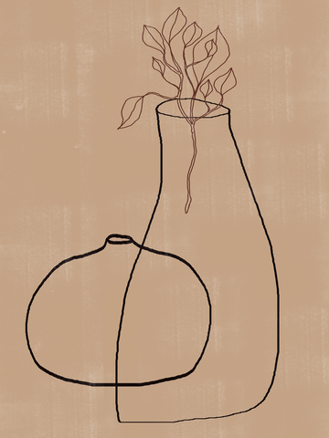 Grafische Illustration von zwei Vasen auf beigem Hintergrund, eine mit Blättern.