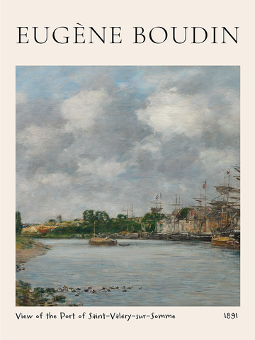 Gemälde des Hafens von Saint-Valéry-sur-Somme mit Wolken und Spiegelungen im Wasser.