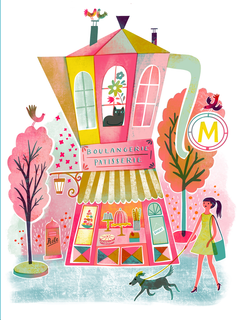 Illustration einer Bäckerei in Form einer Kaffeekanne mit einer Frau und einem Hund daneben.