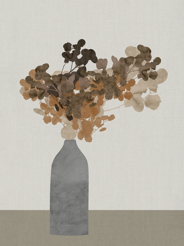 Illustration eines Straußes mit grünen und braunen Blättern in einer dunkelgrauen Vase auf grauem Hintergrund.