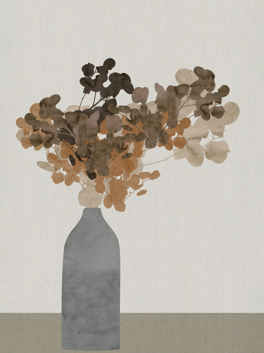 Illustration eines Straußes mit grünen und braunen Blättern in einer dunkelgrauen Vase auf grauem Hintergrund.