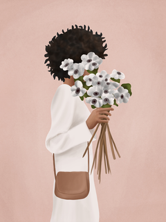 Illustration einer Frau mit einem Blumenstrauß vor einem rosa Hintergrund.