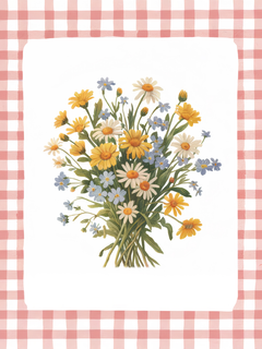 Strauß aus gelben und blauen Blumen vor einem rosa-weiß karierten Hintergrund.
