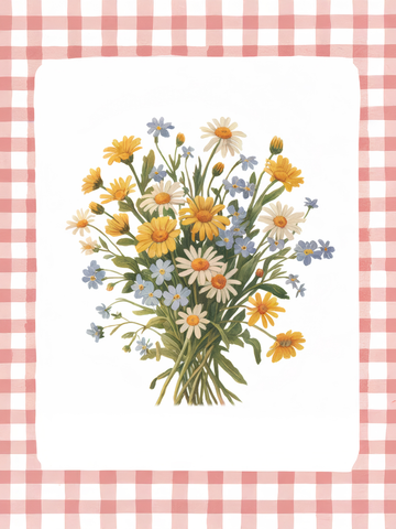Strauß aus gelben und blauen Blumen vor einem rosa-weiß karierten Hintergrund.