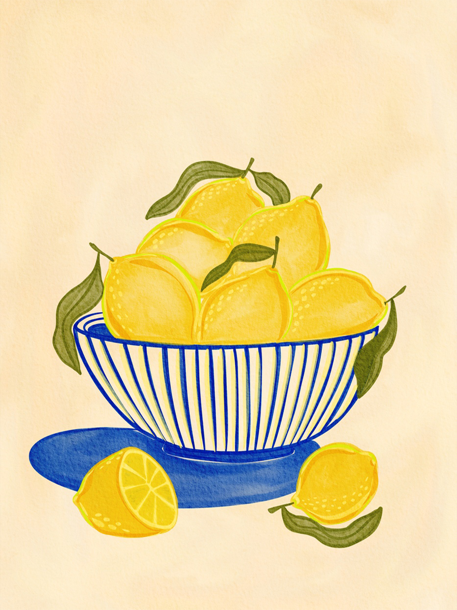 Illustration einer Schale mit Zitronen auf einem beigen Hintergrund.
