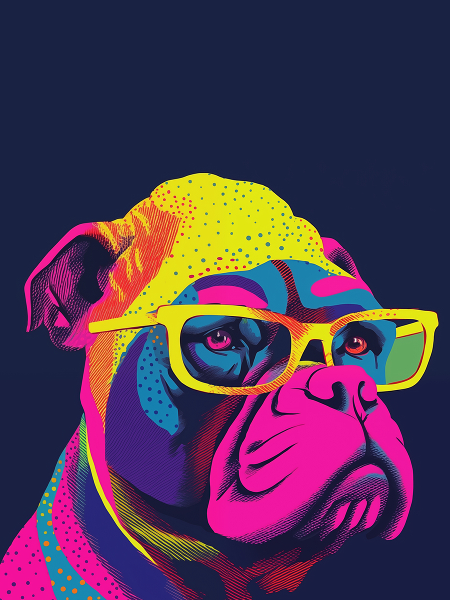 Ein Boxerhund im Pop-Art-Stil mit gelber Brille auf dunkelblauem Hintergrund.