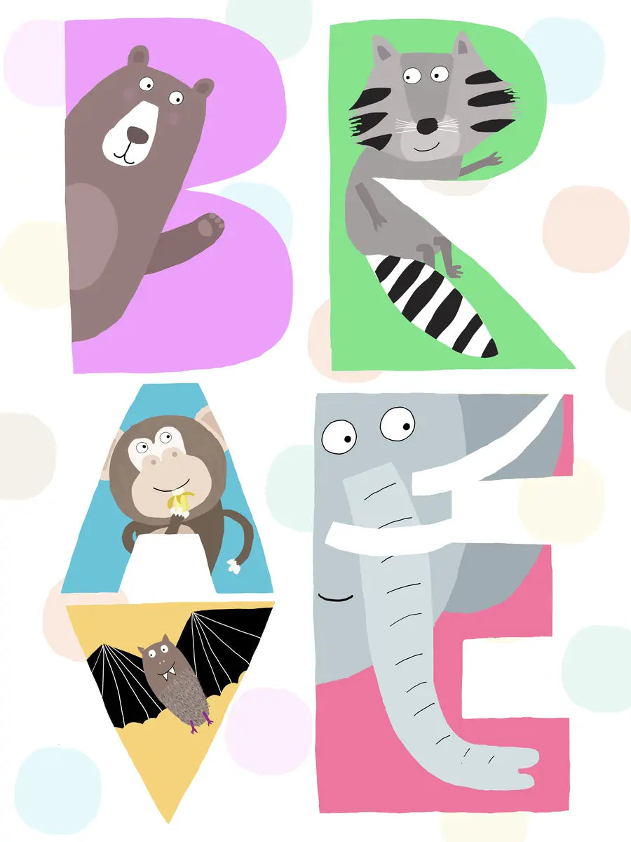 Buntes Kinderposter mit dem Wort "Brave" aus Tieren geformt: Bär, Waschbär, Affe, Fledermaus, Elefant.