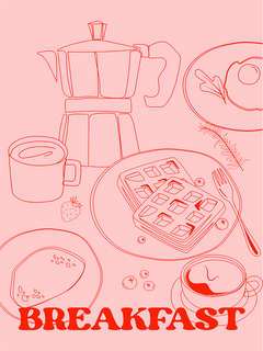 Illustration eines Frühstücks mit Waffeln, Kaffee und Eiern auf rosa Hintergrund.