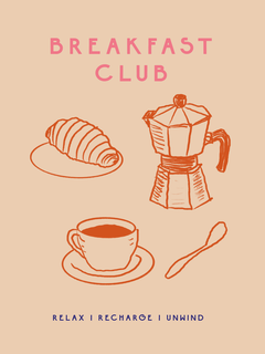 Illustration eines Croissants, einer Kaffeekanne und einer Tasse mit dem Text "Breakfast Club" und "Relax, recharge, unwind".