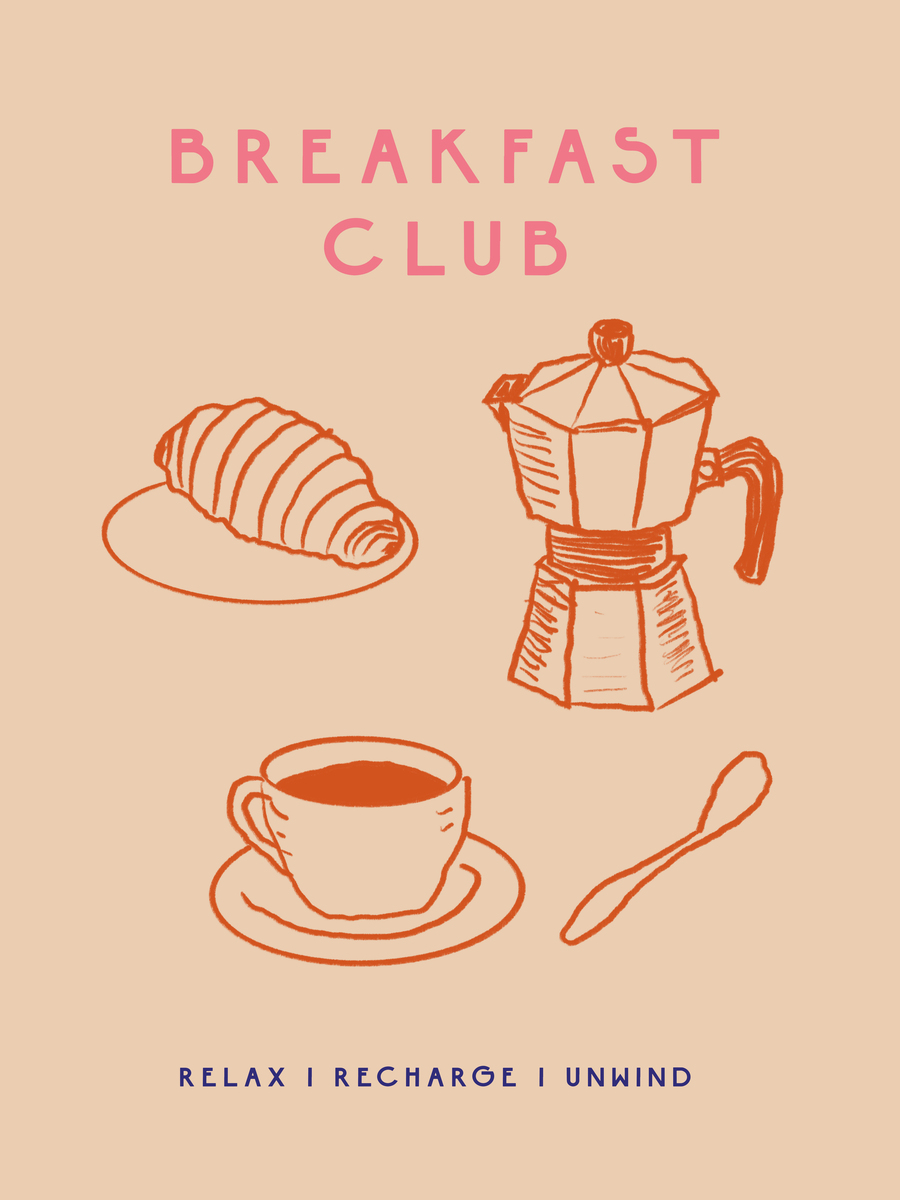 Illustration eines Croissants, einer Kaffeekanne und einer Tasse mit dem Text "Breakfast Club" und "Relax, recharge, unwind".