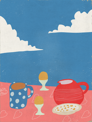 Illustration einer Frühstücksszene mit blauem Himmel, Wolken, einem gepunkteten Becher, Eiern, einer roten Teekanne und einem Teller auf einem rosa Tisch.