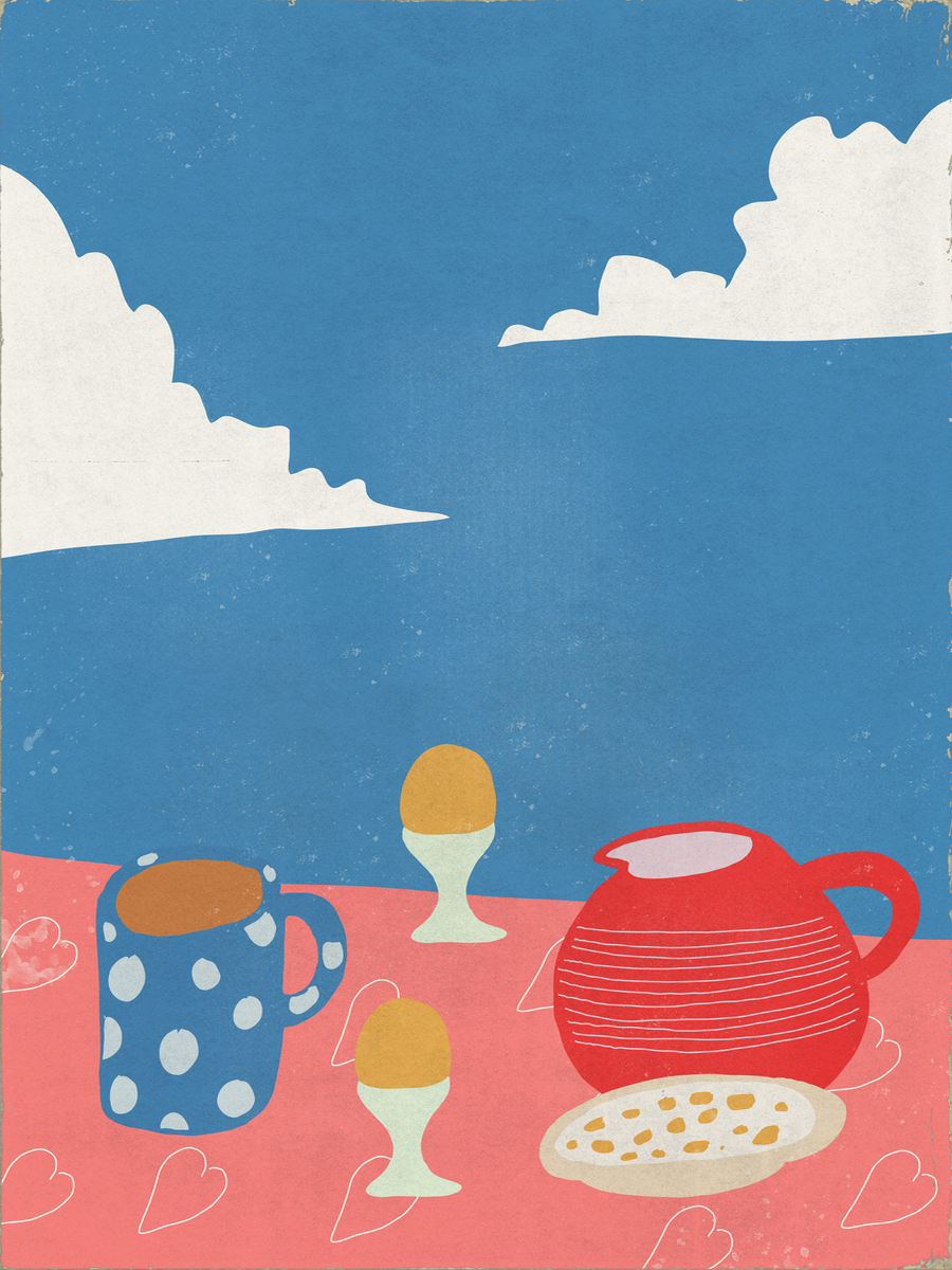 Illustration einer Frühstücksszene mit blauem Himmel, Wolken, einem gepunkteten Becher, Eiern, einer roten Teekanne und einem Teller auf einem rosa Tisch.