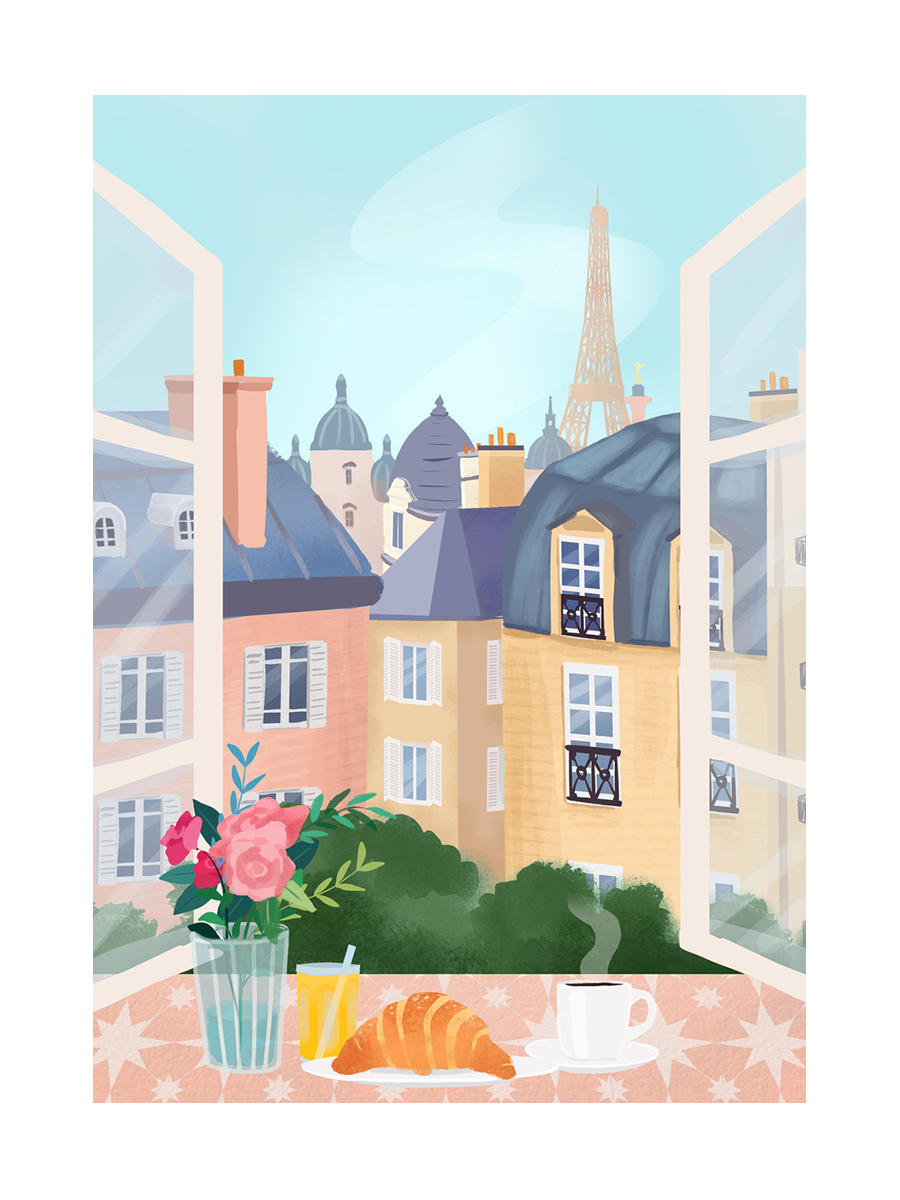 Illustration eines Frühstücks mit Croissant und Kaffee vor einem offenen Fenster mit Blick auf den Eiffelturm.