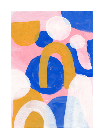 Abstraktes Muster in Blau, Rosa, Orange und Weiß.