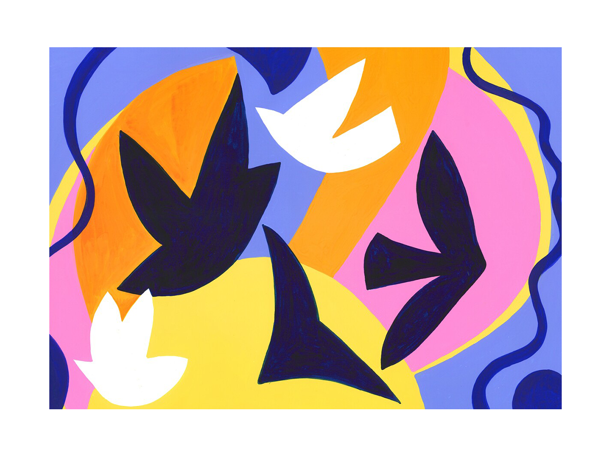 Abstrakte Illustration von Vögeln in bunten Farben und Formen.