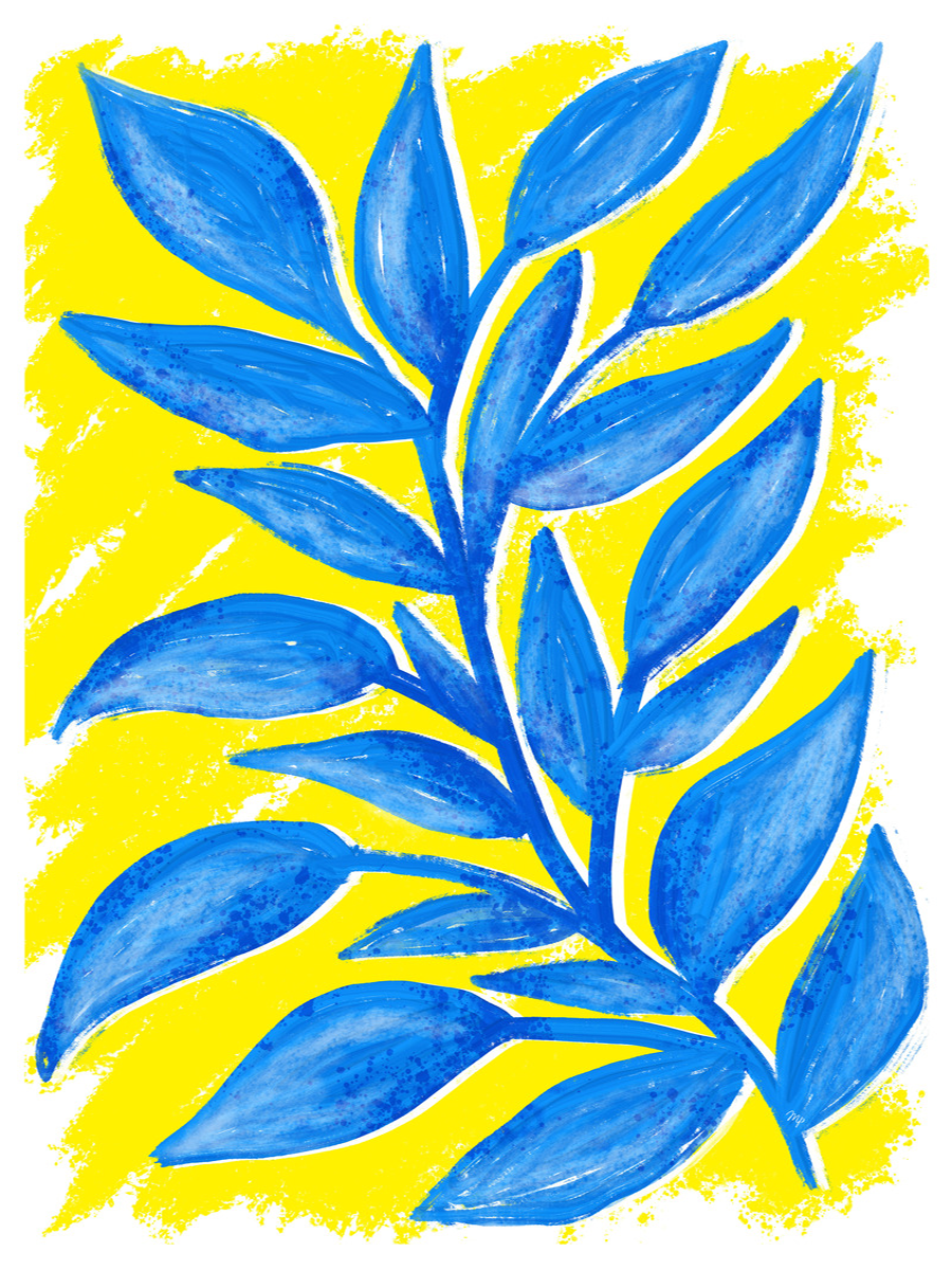 Illustration von blauen Blättern vor einem gelben Hintergrund.